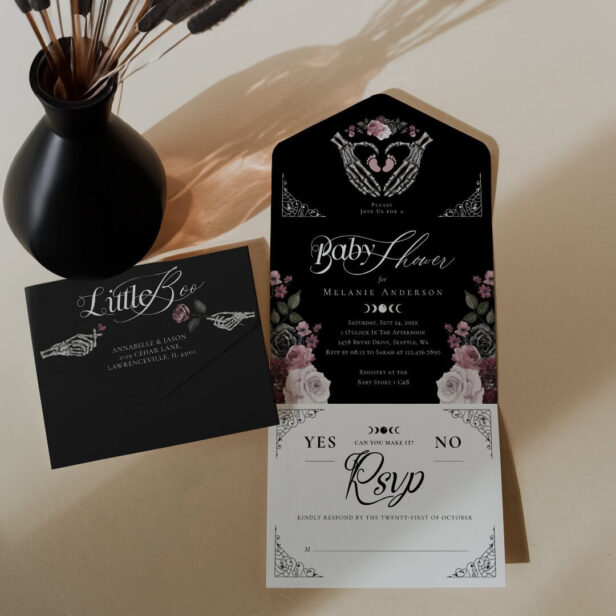 Gothic Floral Skeleton Hand Heart Baby Girl Shower All In One Invitation