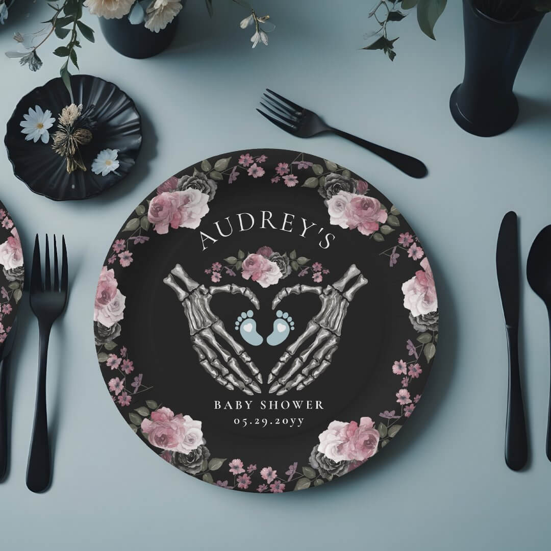 Gothic Skeleton Hands Heart Baby Boy Shower Paper Plates