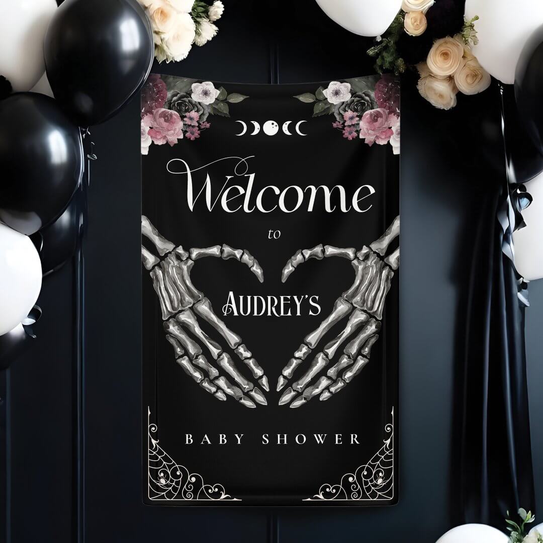 Gothic Skeleton Hands Heart Baby Shower Welcome Banner
