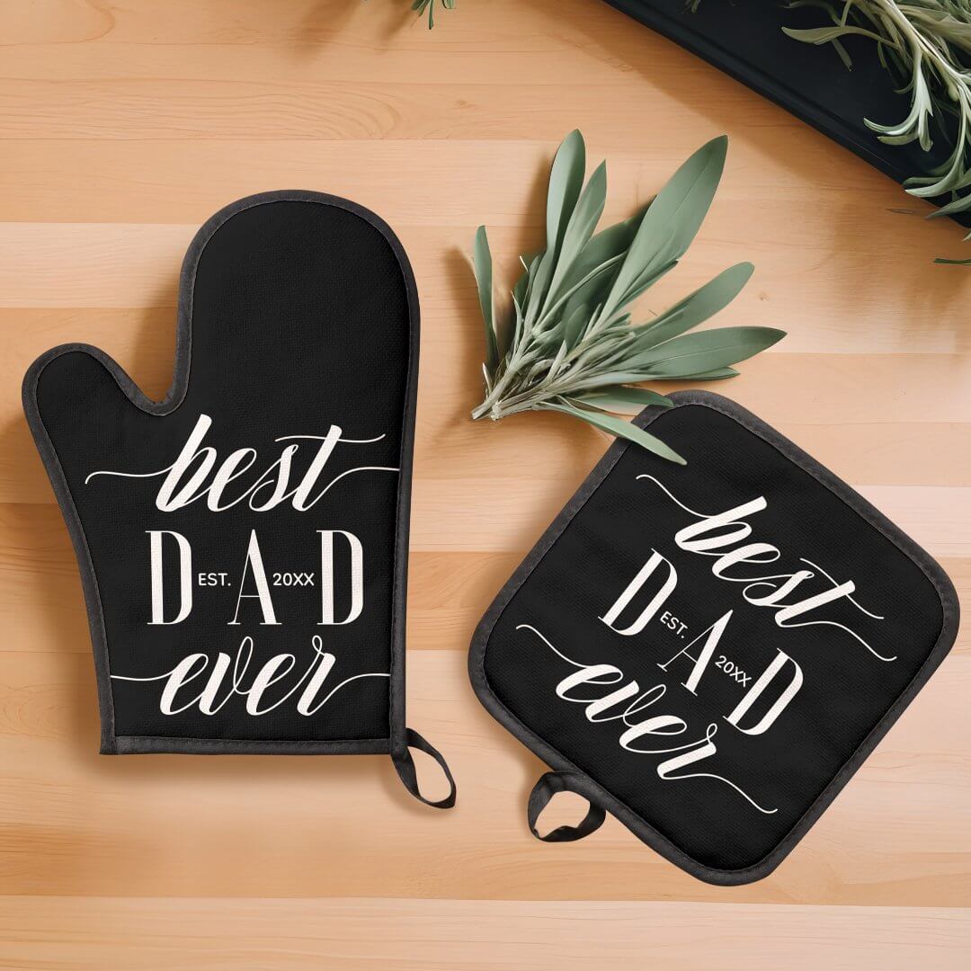 Minimal Modern Best Dad Ever Script Father's Day Oven Mitt & Pot Holder Set