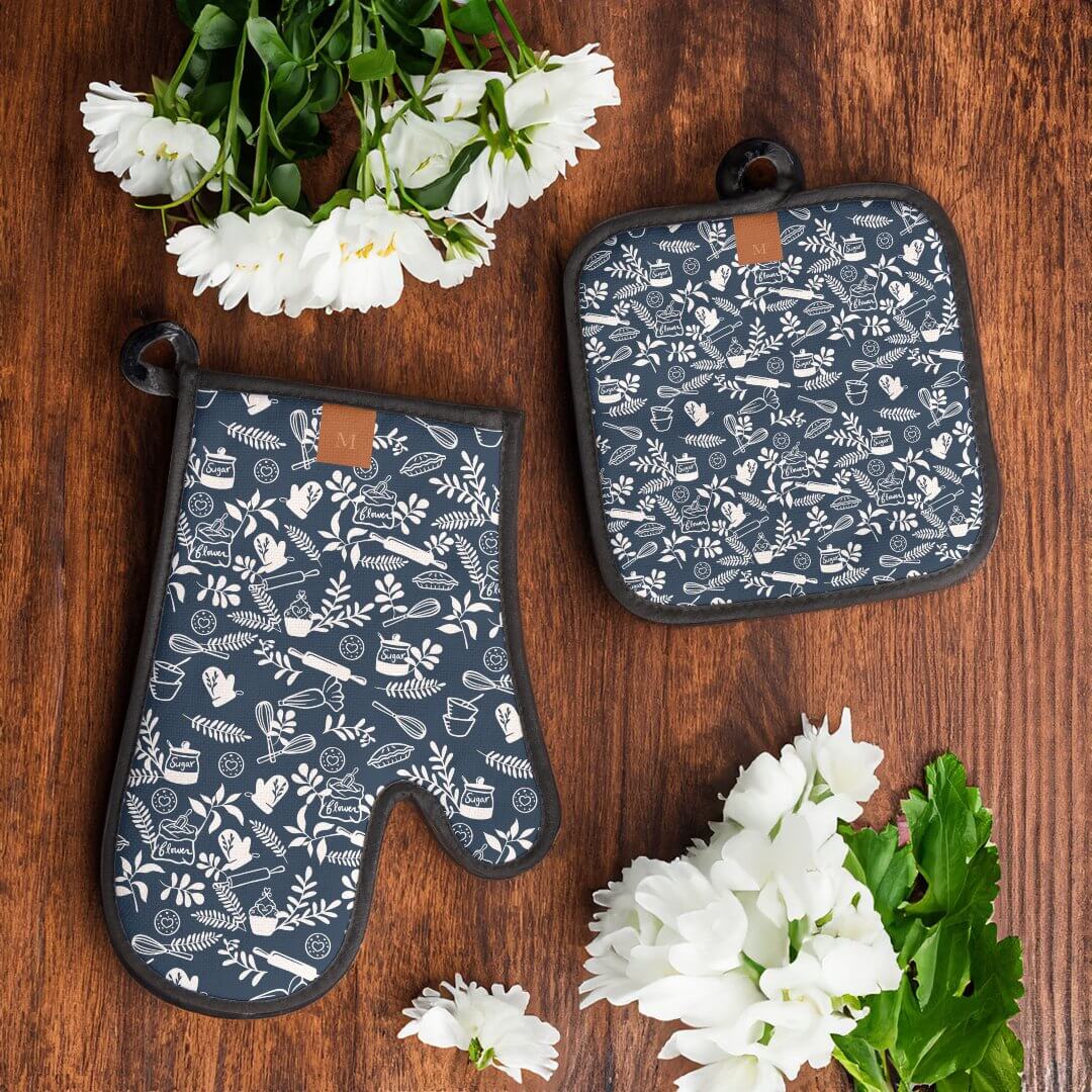 Monogram Country Style Floral Baking Pattern Blue Oven Mitt & Pot Holder Set