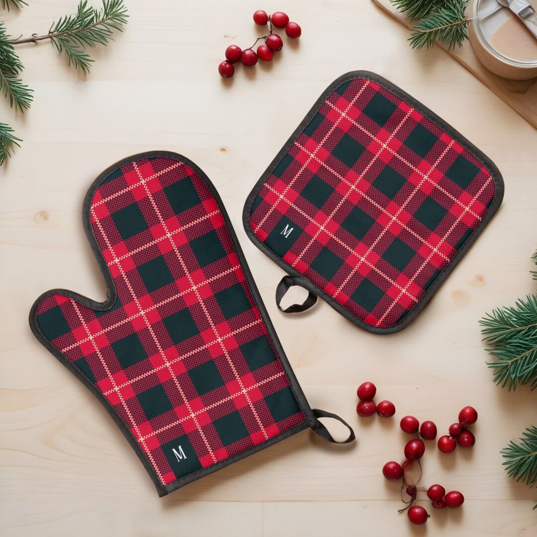 Red & Black Checkerboard Buffalo Plaid Monogram Oven Mitt & Pot Holder Set