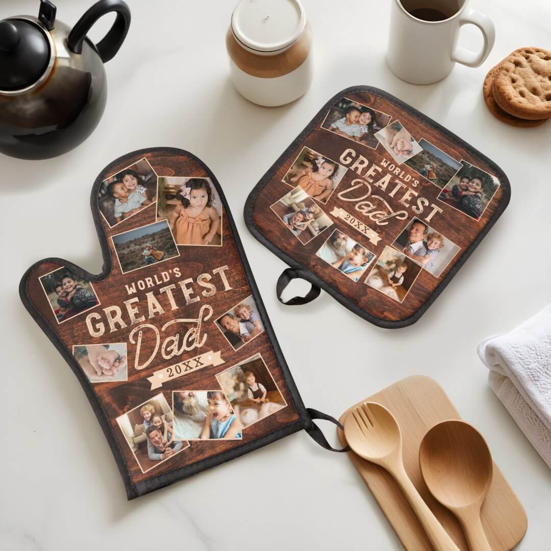 World's Greatest Dad Woodgrain Nine Photo Collage Oven Mitt & Pot Holder Set