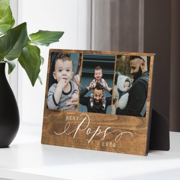 Best Pops Ever Woodgrain Fathers Day Photo Collage Plaque