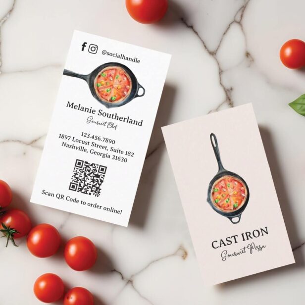 Black Cast Iron Skillet Pizza Catering & Delivery Business Card