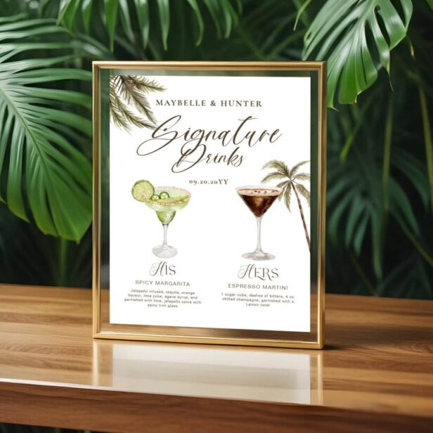 Boho Tropical Watercolor Signature Drinks Wedding Poster