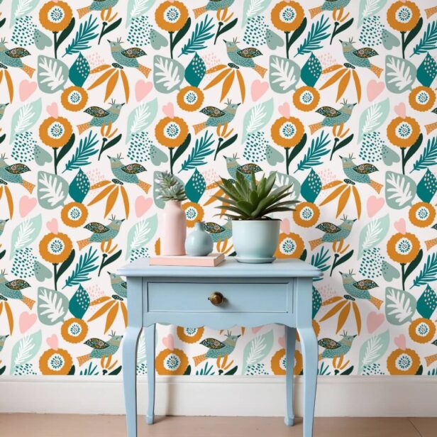 Bold Abstract Tropical Birds & Floral Pattern Wallpaper