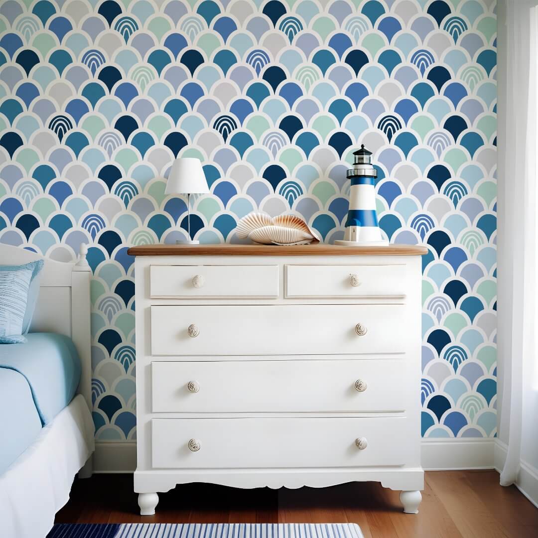Colorful Blue Mermaid Fish Scale Rainbow Pattern Wallpaper