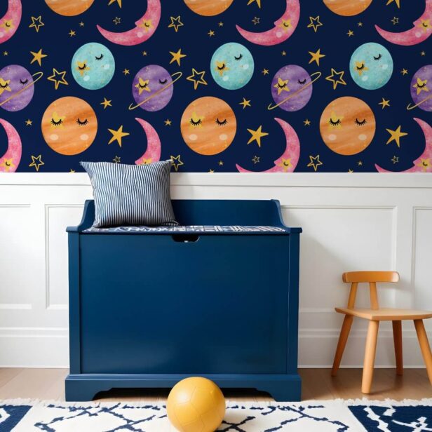 Colorful Kids Watercolor Space Planets Star & Moon Wallpaper