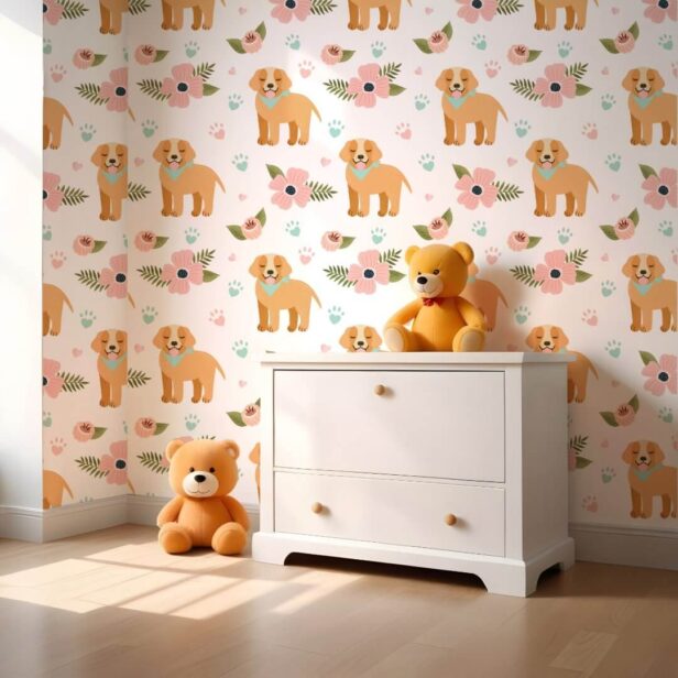 Cute Golden Retriever Puppies & Floral Pattern Wallpaper