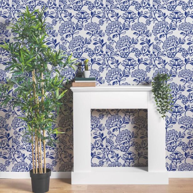 Decorative Ornate Greek Blue Floral Line Pattern Wallpaper