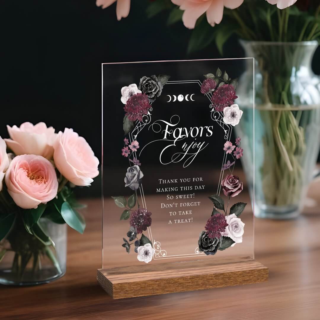 Elegant Gothic Black Watercolor Floral Favors Acrylic Sign