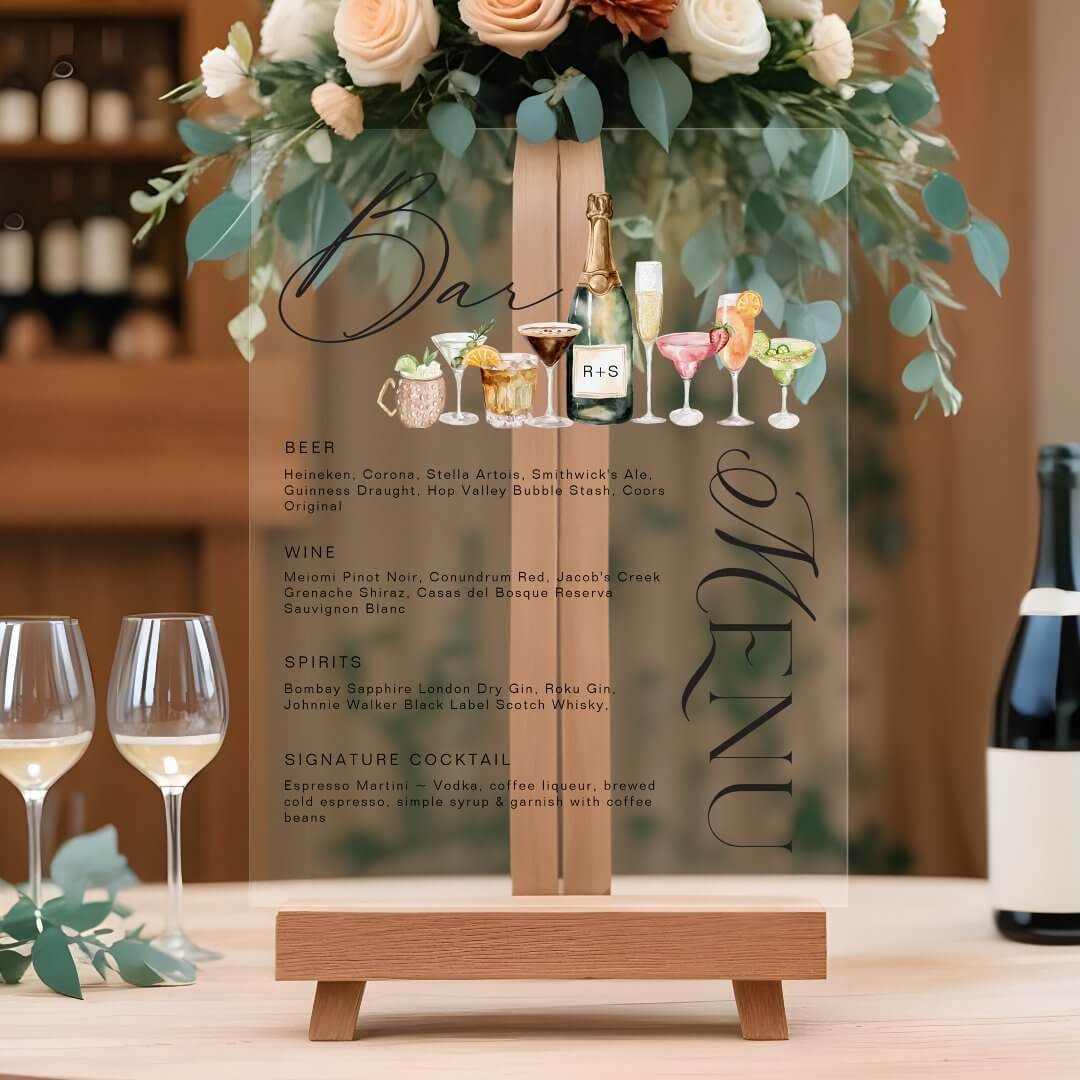 Elegant Watercolor Cocktails Wedding Bar Menu Acrylic Sign