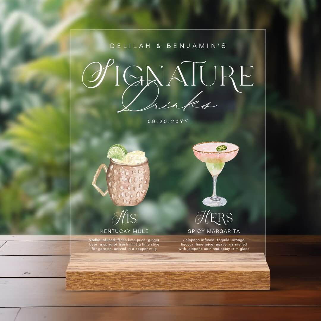 Elegant Watercolor His Her Signature Drink Wedding Acrylic Sign