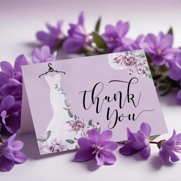 Elegant Watercolor Purple Floral Wedding Dress Thank You Card
