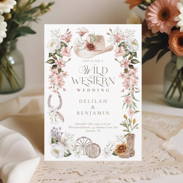 Elegant Western Watercolor Floral Cowboy Wedding White Invitation