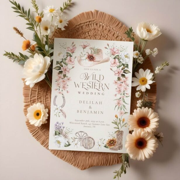 Elegant Western Watercolor Floral Cowboy Wedding Invitation