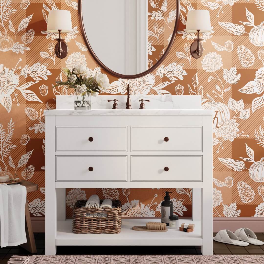 Fall Foliage Autumn Flowers & Pumpkin Orange Plaid Wallpaper