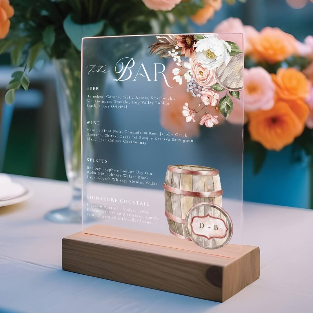 Floral Boho Western Country Wedding Drink Bar Menu Acrylic Sign