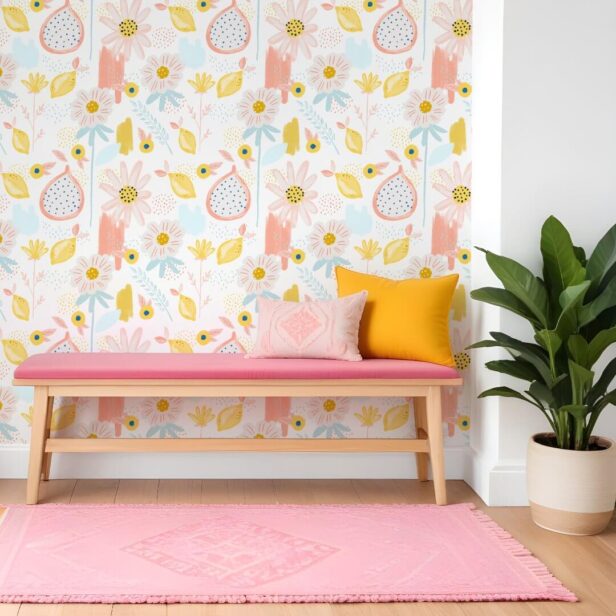Fun Citrus Lemon Pomegranate Fruit Floral Pattern Wallpaper