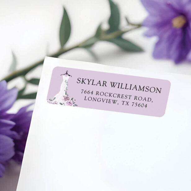 Lavender Florals White Wedding Dress Bridal Shower Label
