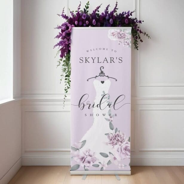 Lavender Florals White Wedding Dress Bridal Shower Retractable Banner