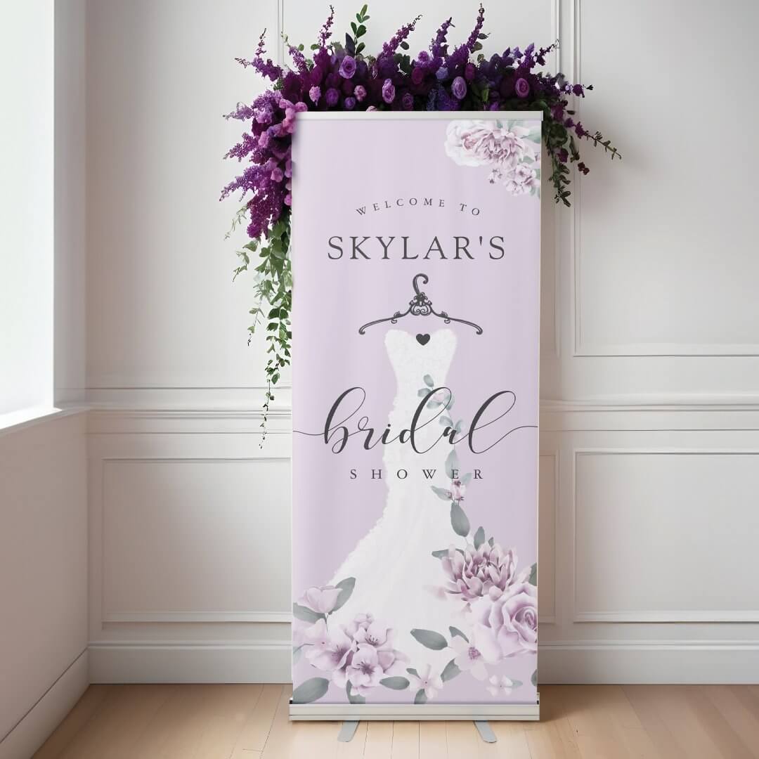 Lavender Florals White Wedding Dress Bridal Shower Retractable Banner