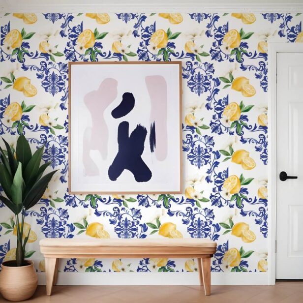 Mediterranean Blue Antique Floral & Lemon Pattern Wallpaper