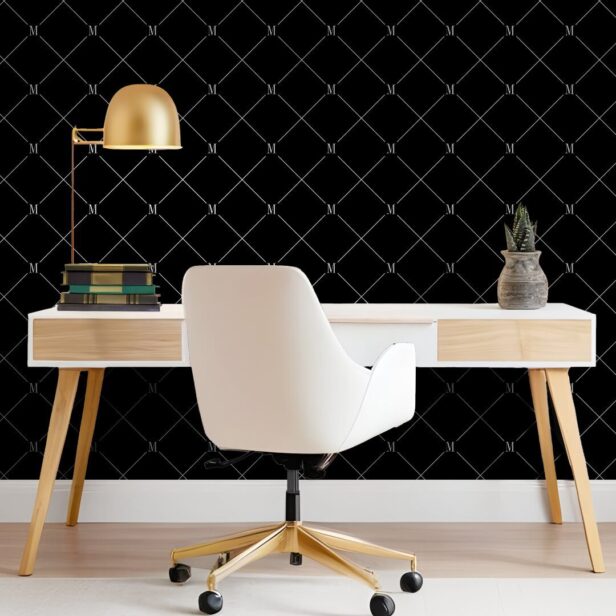 Minimal Black Diagonal Checkered Monogram Pattern Wallpaper
