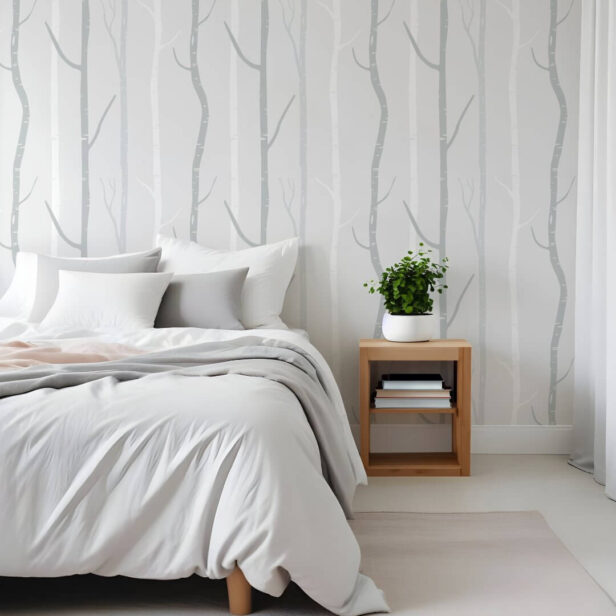 Modern Minimal Grey & White Birch Tree Forest Wallpaper