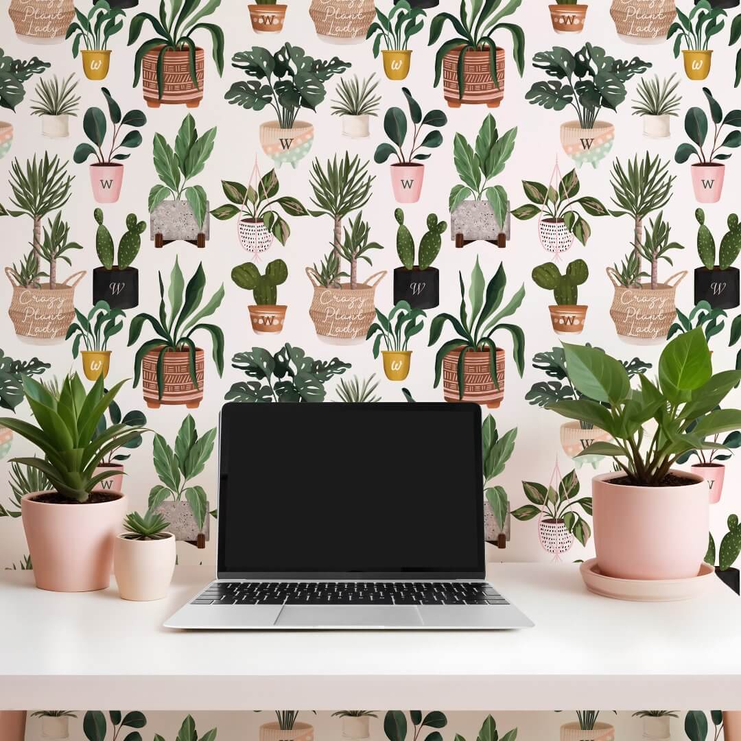 Monogram Crazy Plant Lady Watercolor Potted Plants Wallpaper