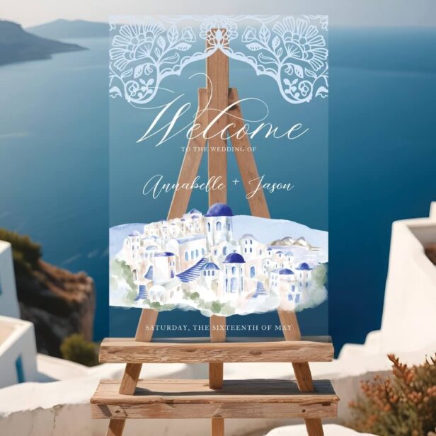 Santorini Greece Watercolor Destination Wedding Acrylic Sign