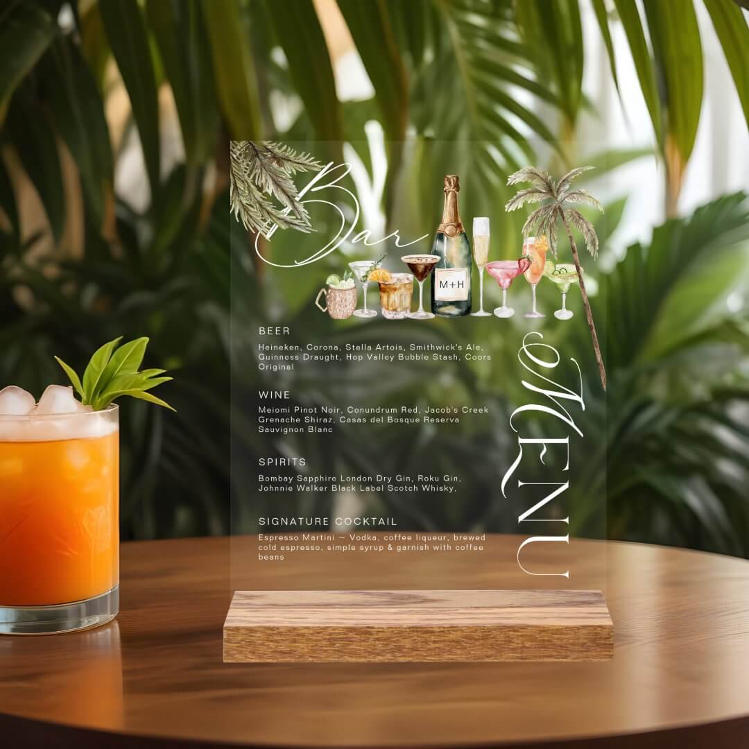 Tropical Watercolor Cocktails Wedding Bar Menu Acrylic Sign
