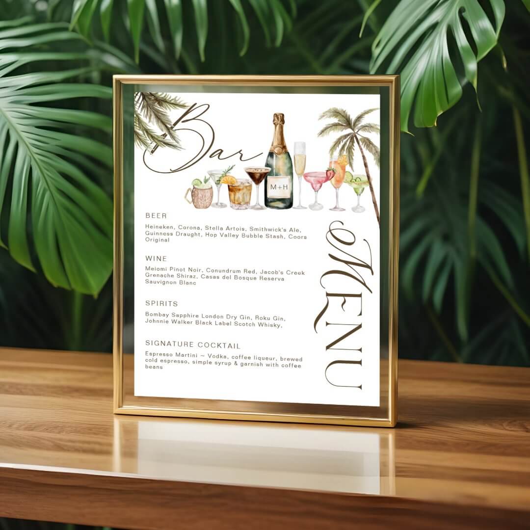 Tropical Watercolor Cocktails Wedding Bar Menu Poster