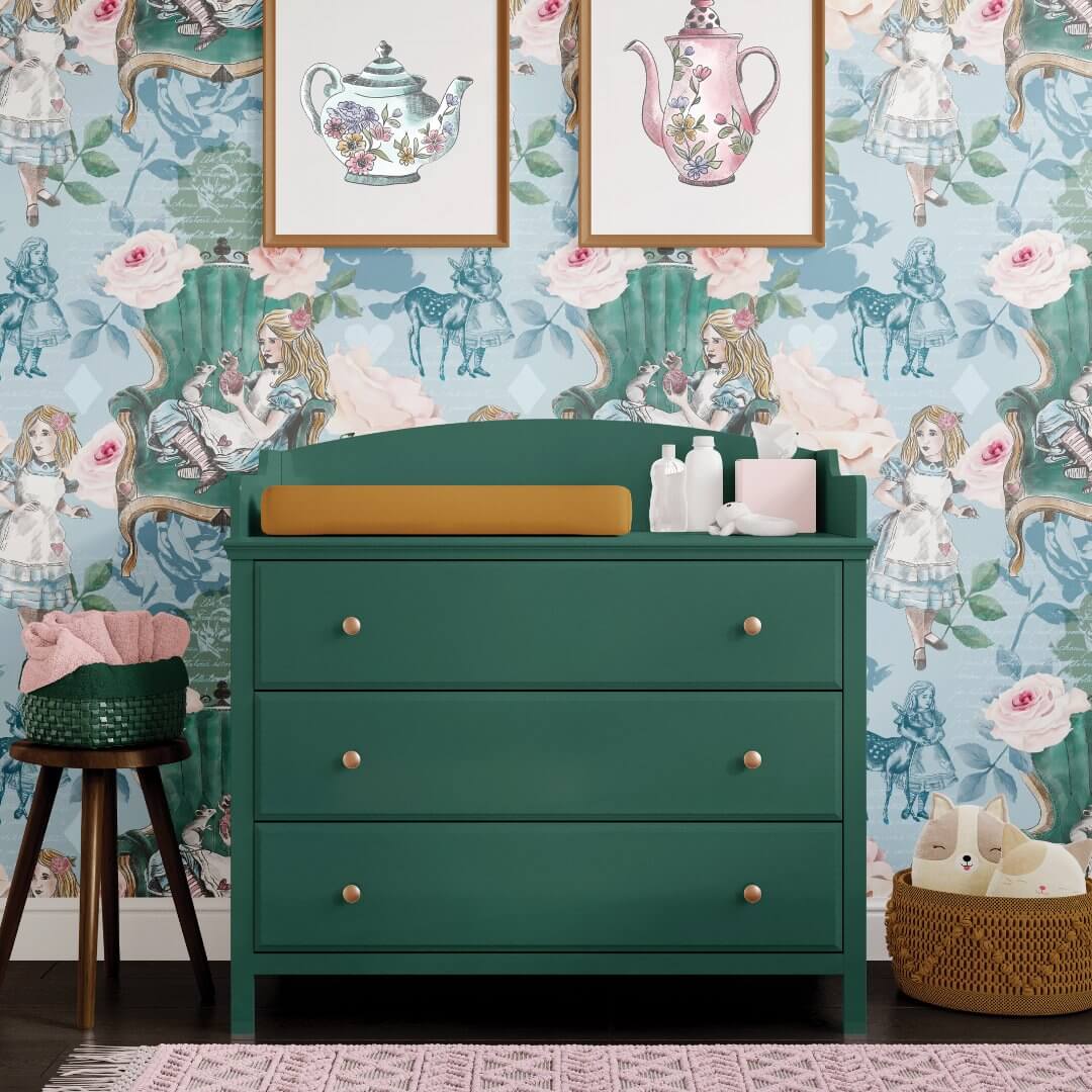 Vintage Alice In Wonderland Blue Roses Decoupage Wallpaper