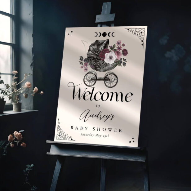 Vintage Floral Gothic Stroller Baby Shower Welcome Pink Acrylic Sign
