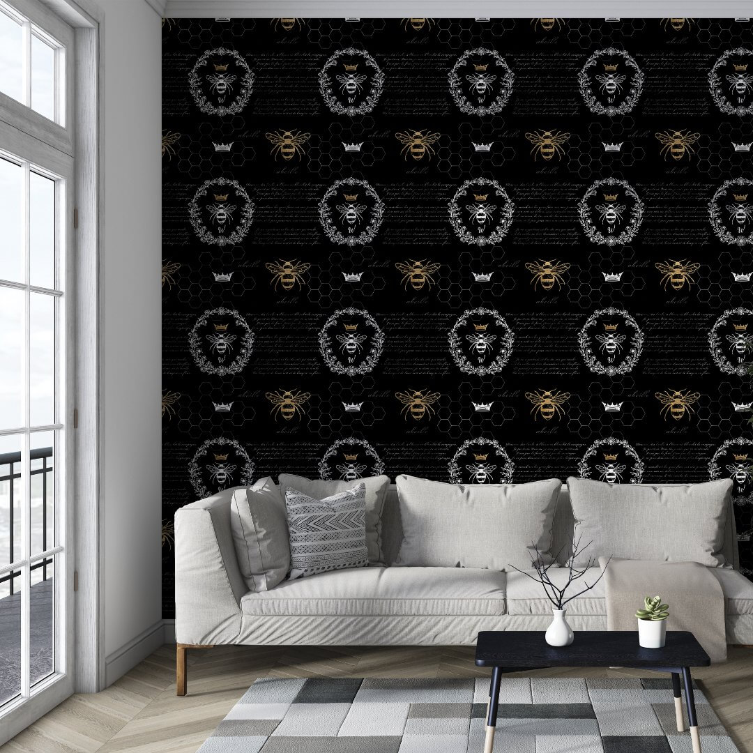 Vintage Honey Queen Bee Black & White Monogram Wallpaper