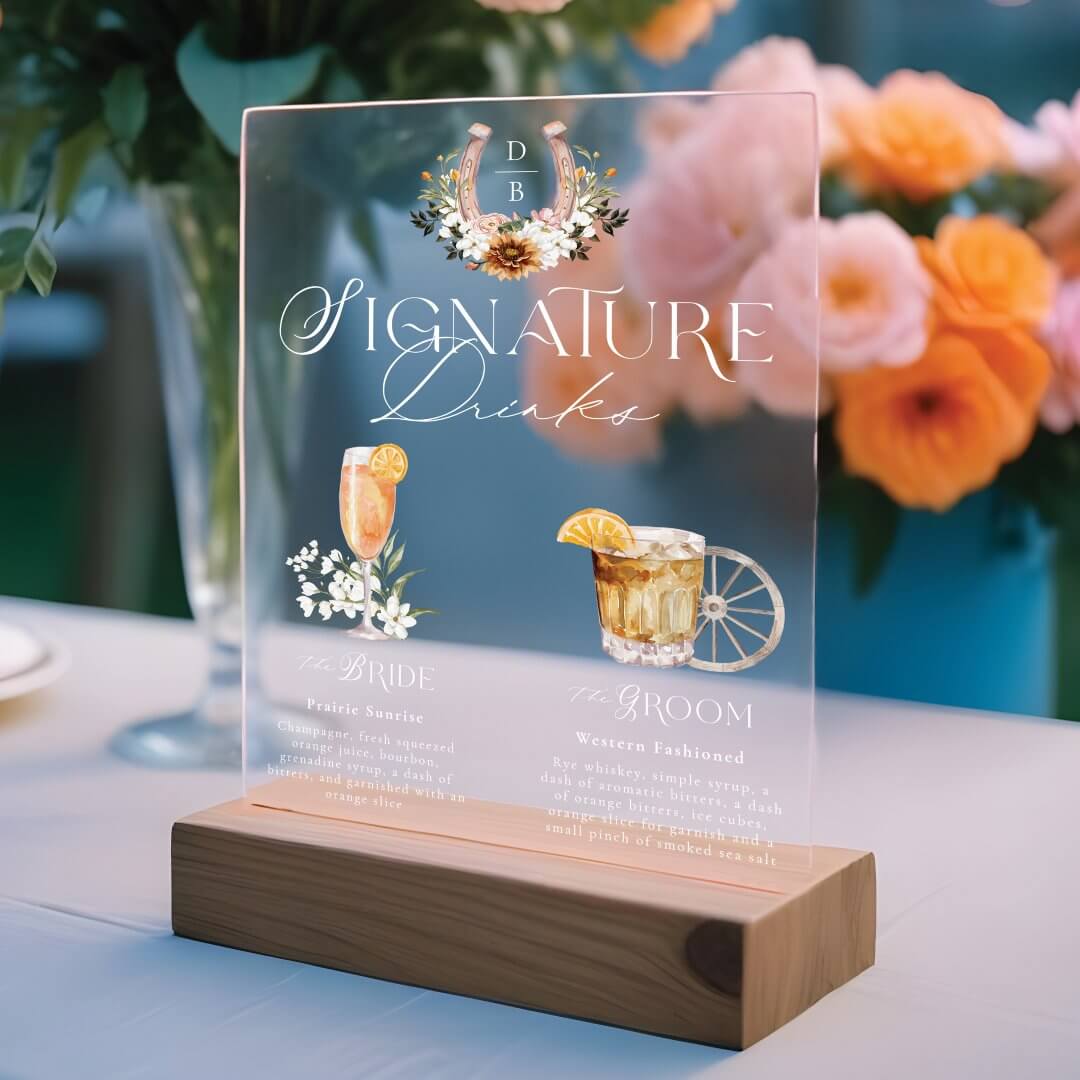 Western Watercolor Bride & Groom Signature Drinks Acrylic Sign