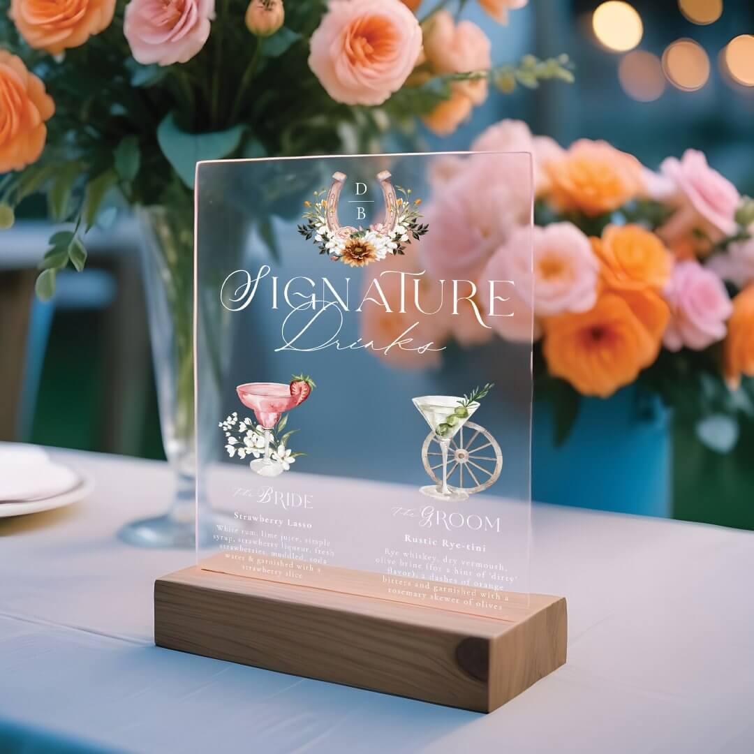 Western Watercolor Bride & Groom Signature Drinks Acrylic Sign