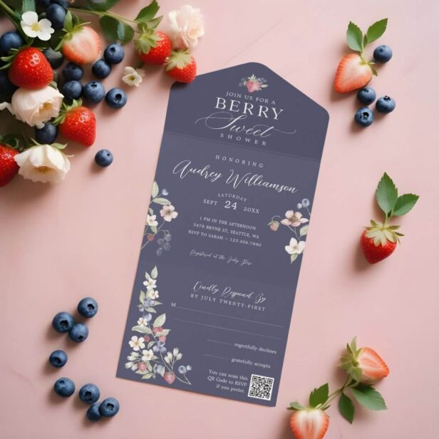 Berry Sweet Baby Shower Wild Berries & Flowers Purple All In One Invitation