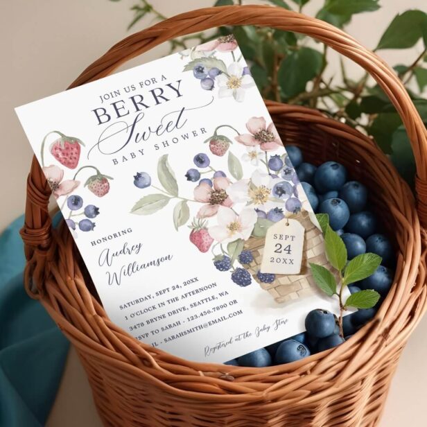 Berry Sweet Floral & Berry Basket Baby Shower Invitation