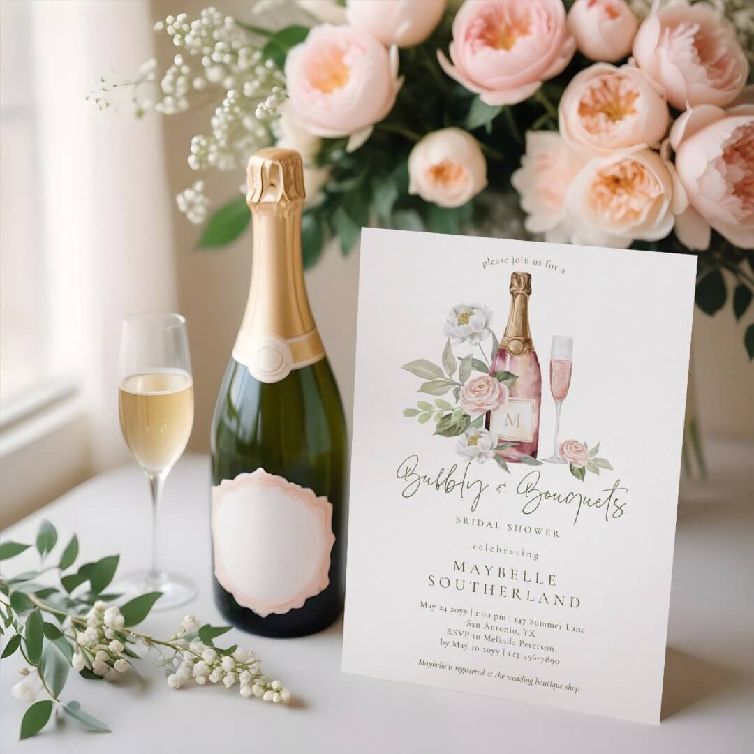 Bubbly Prosecco Watercolor Bouquet Bridal Shower Invitation