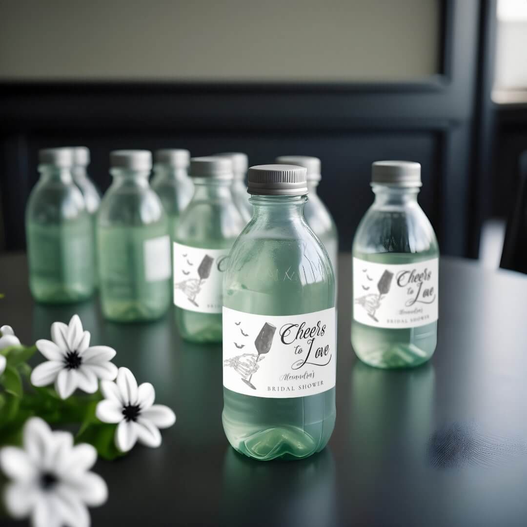 Cheers to Love Skeleton Hand Gothic Bridal Shower Water Bottle Label