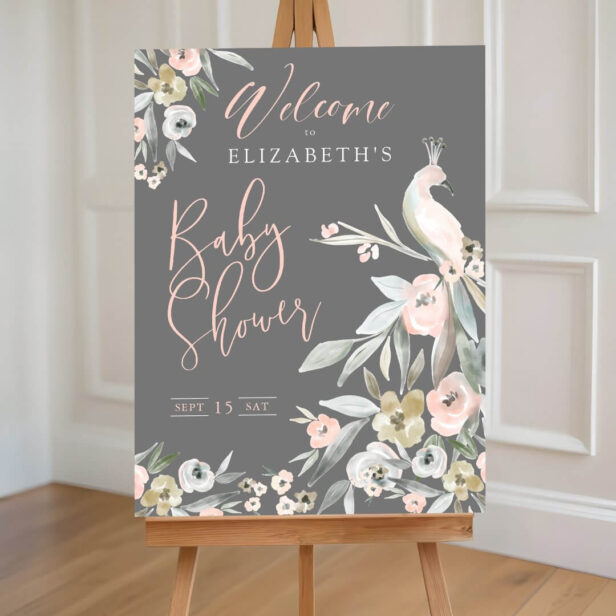 Chic Floral Watercolor Peacock Baby Shower Welcome Foam Board