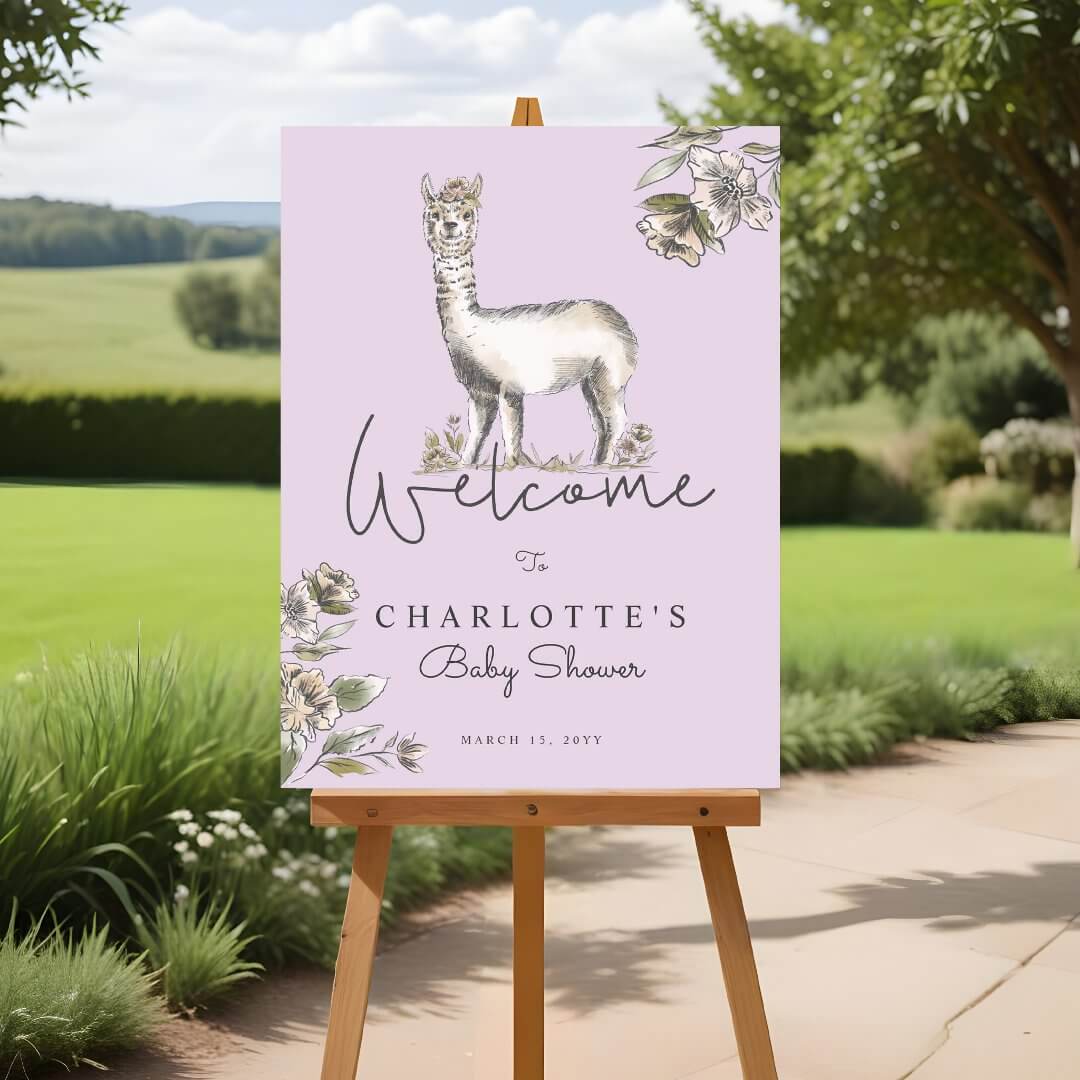 Cute Floral Llama Alpaca Baby Shower Purple Welcome Foam Board