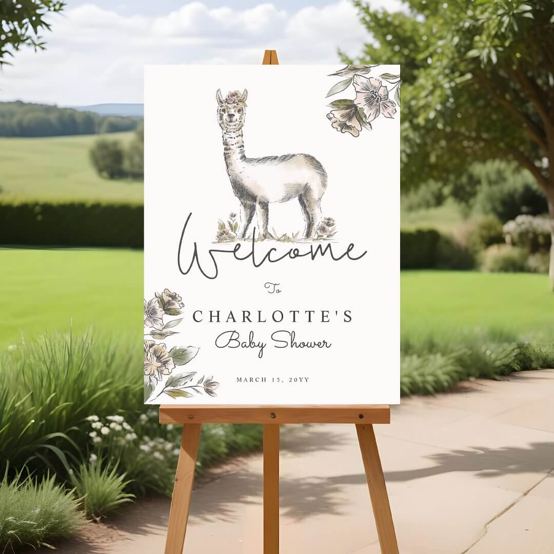 Cute Floral Llama Alpaca Baby Shower White Welcome Foam Board