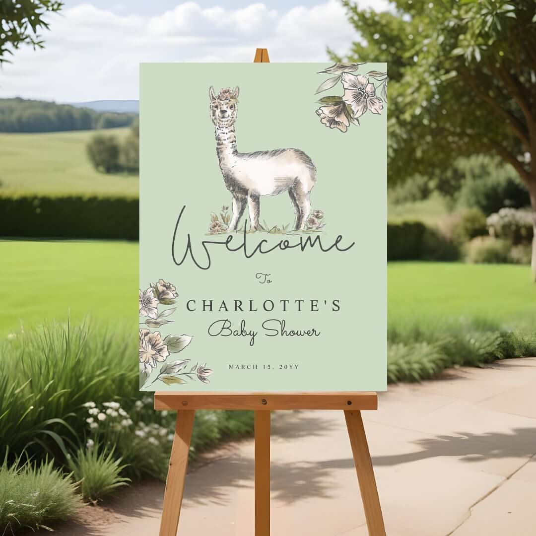 Cute Floral Llama Alpaca Baby Shower Green Welcome Foam Board