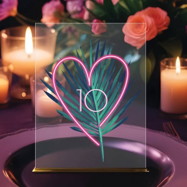 Electric Love Neon Pink Heart & Tropical Palm Leaf Acrylic Table Number Sign