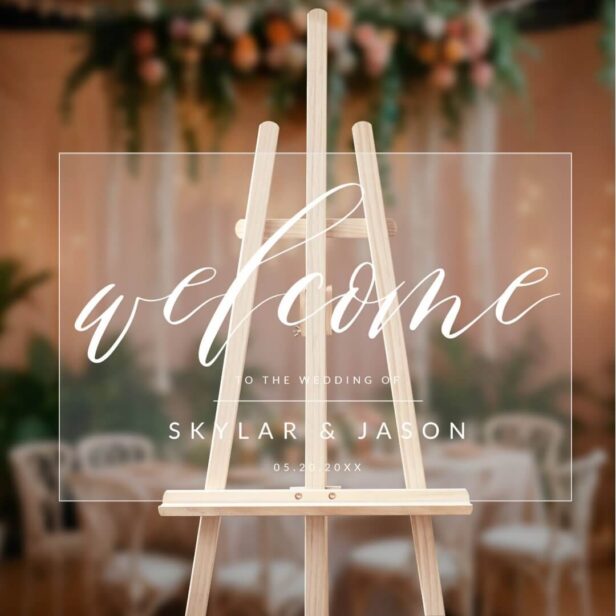 Elegant Calligraphy Script White Welcome Wedding Acrylic Sign