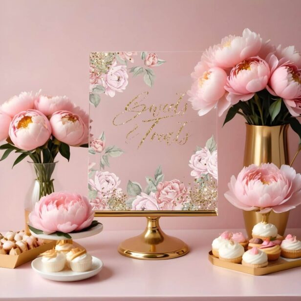 Elegant Gold Glitter Peony Florals Sweets & Treats Acrylic Sign
